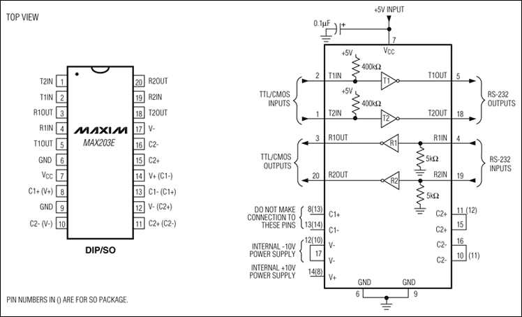 MAX202E, MAX203E, MAX205E, MAX206E, MAX207E, MAX208E, MAX211E, MAX213E, MAX232E, MAX241E: Typical Operating Circuits